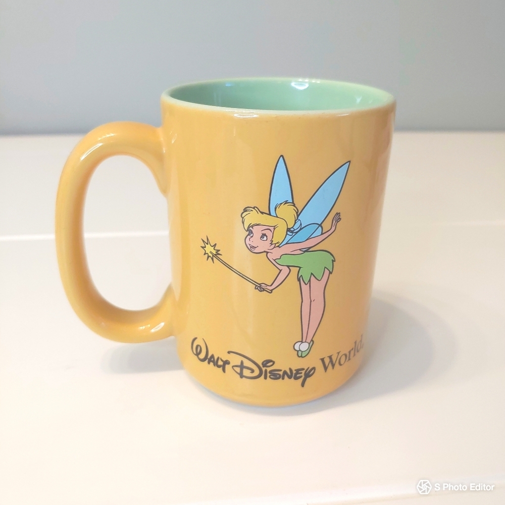 Vintage Walt Disney World Tinker Bell Fairy Yellow Green Coffee Mug Cup OS